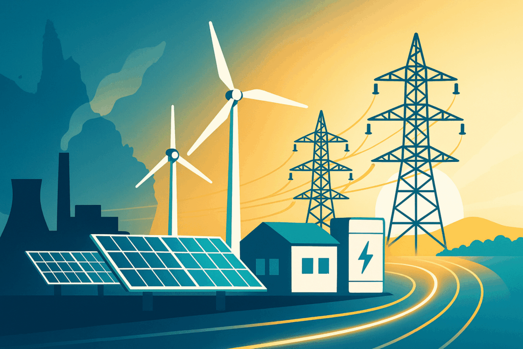 Illustration of Queensland’s energy transition showing coal plants, renewables, solar, battery storage and transmission lines, used for an article explaining the Queensland Energy Roadmap