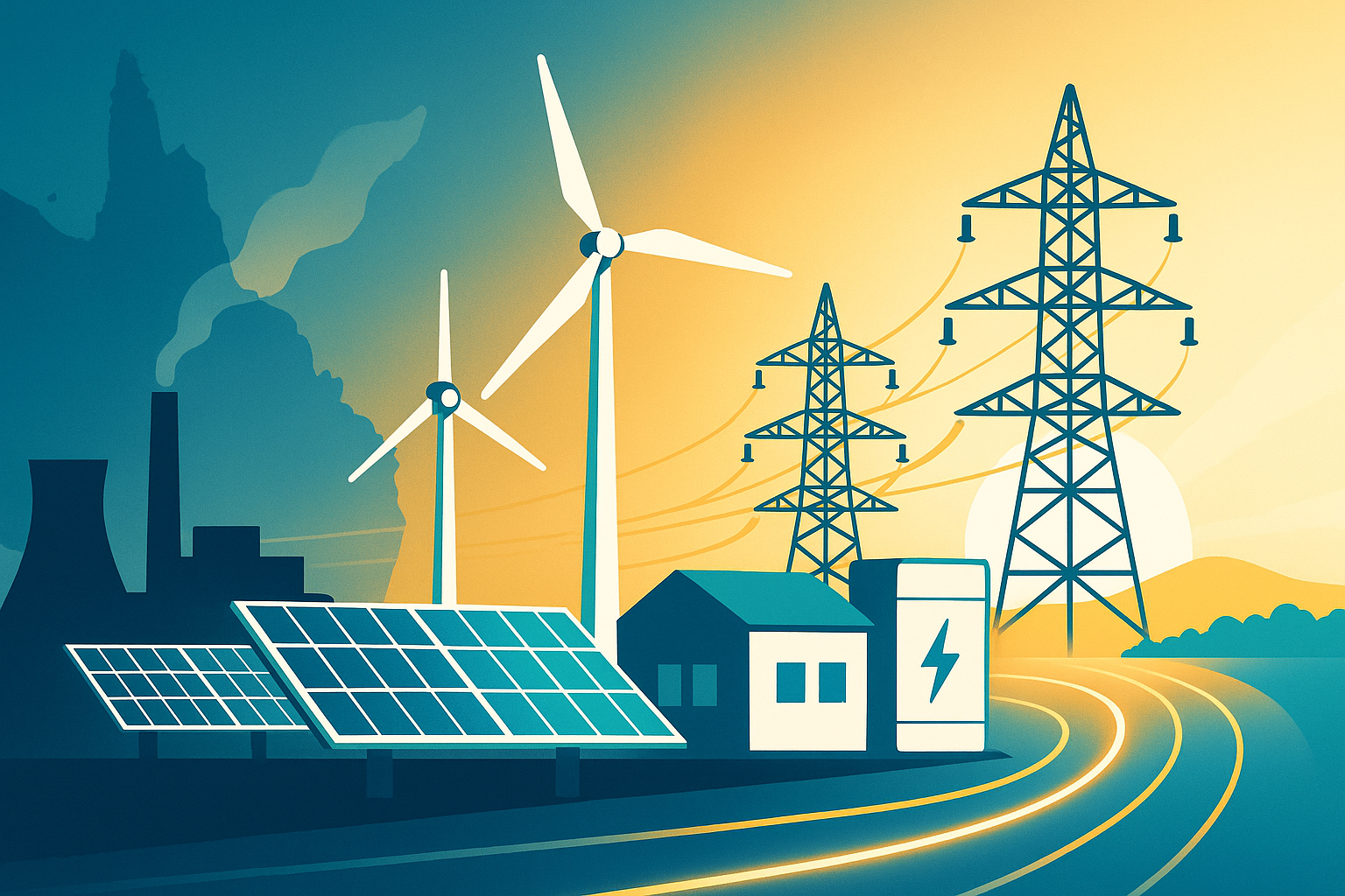 Illustration of Queensland’s energy transition showing coal plants, renewables, solar, battery storage and transmission lines, used for an article explaining the Queensland Energy Roadmap