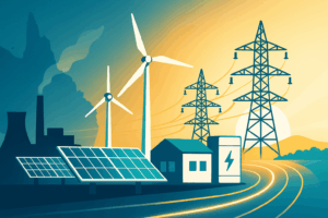 Illustration of Queensland's energy transition showing coal plants renewables solar battery storage and transmission lines